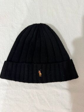 Polo by Ralph Lauren Black Ribbed Beanie with Signature Pony